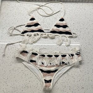 Tularosa Black and Cream Crochet Fringe Bikini NWOT
